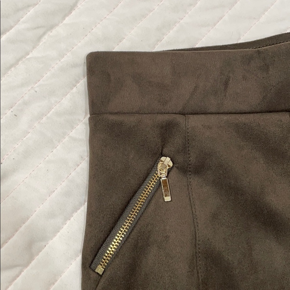 Women’s Brown Suede-Look High Waist Pants with Gold Zip